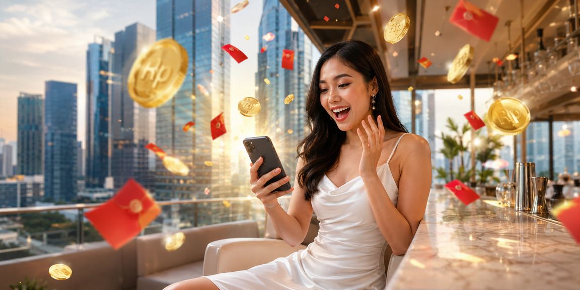 Model Vietnam memegang amplop merah simbol bonus dan hadiah spesial